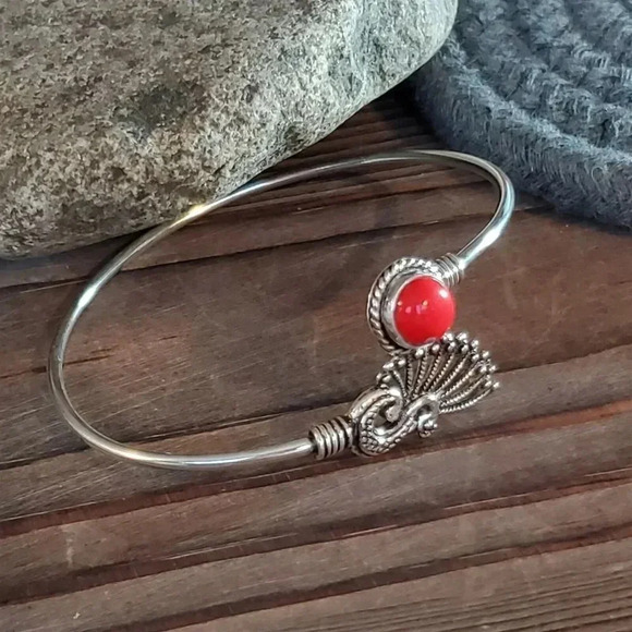 Handcrafted Red Coral Gemstone Peacock Sterling Silver Overlay Cuff Bracelet #O - Picture 5 of 7